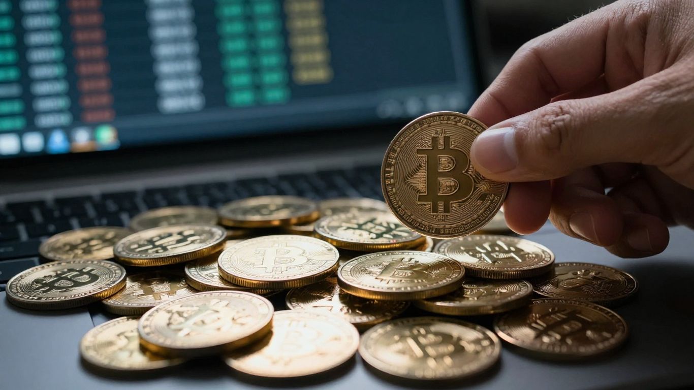 Bitcoin coins and a hand in a financial setting.
