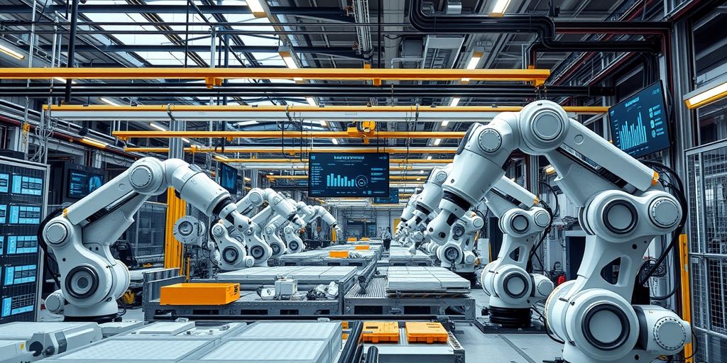 Modern factory with AI technology and robotic assembly.