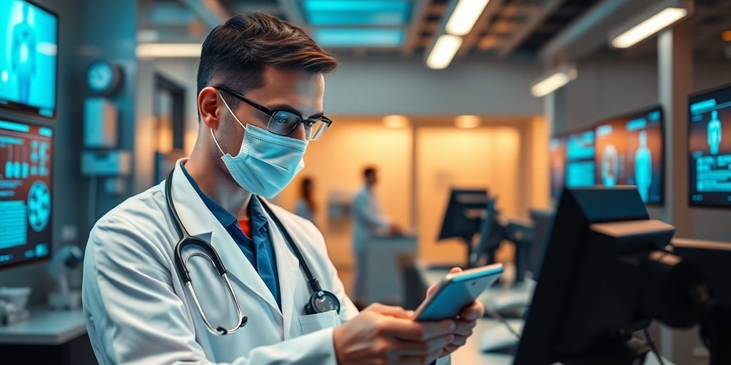 Healthcare professional using AI technology in a modern setting.