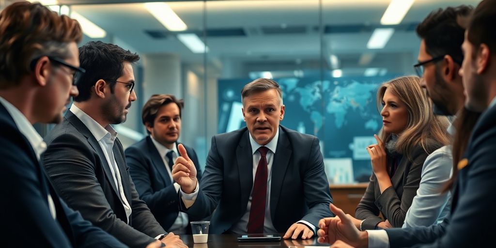 Executives Executives in a tense boardroom discussion.