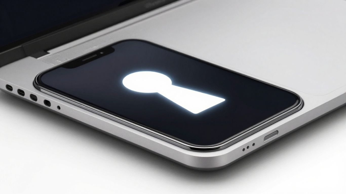 MacBook Pro with glowing keyhole graphic