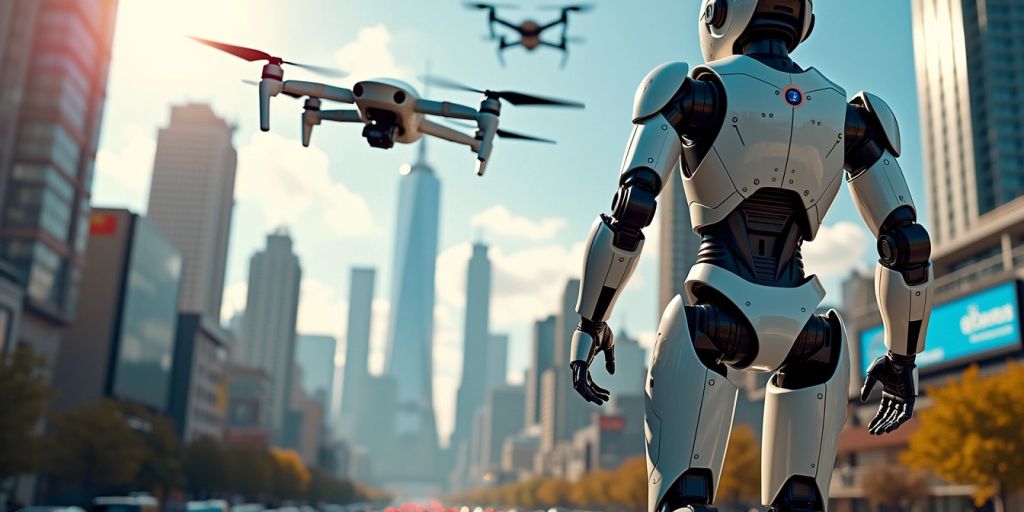 Futuristic cityscape with AI robots and drones
