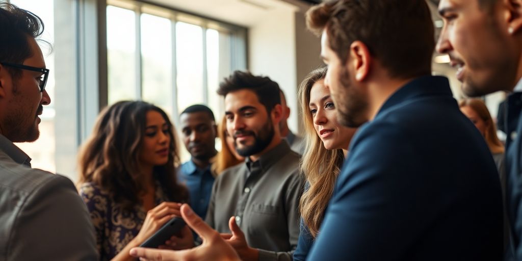 Group discussing cryptocurrency trends in a modern office.