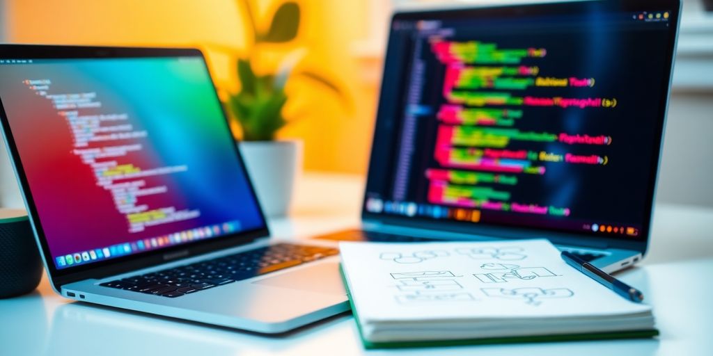 A laptop with a colorful coding interface and notepad.