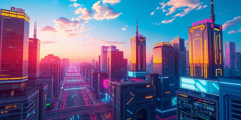 Futuristic cityscape with advanced technology and vibrant colors.