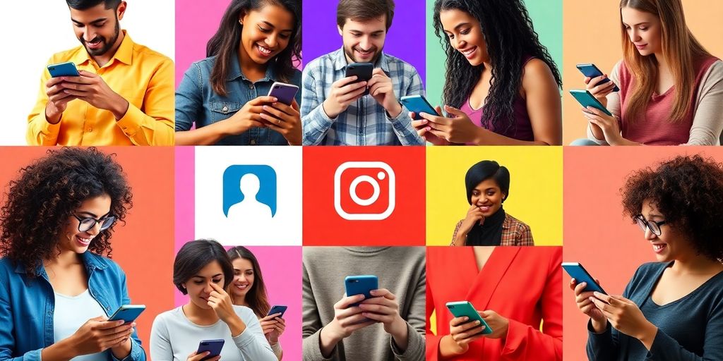 People using smartphones with social media. Diverse people using smartphones with social media icons.