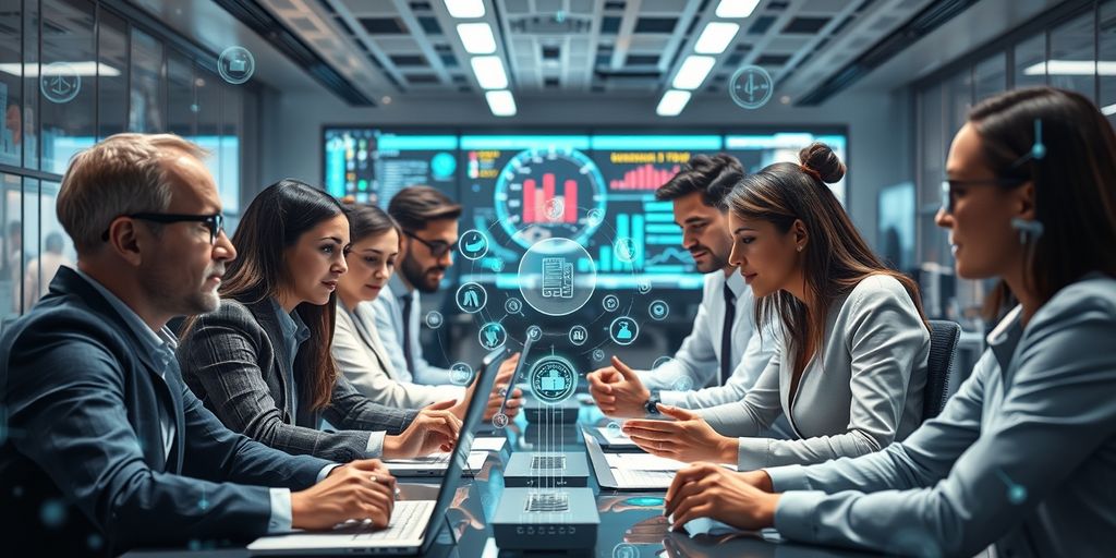 Diverse professionals collaborating in a futuristic finance office.