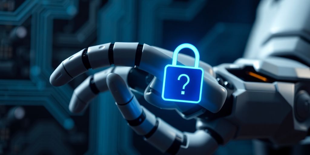 Robotic hand and digital lock representing AI and cybersecurity.