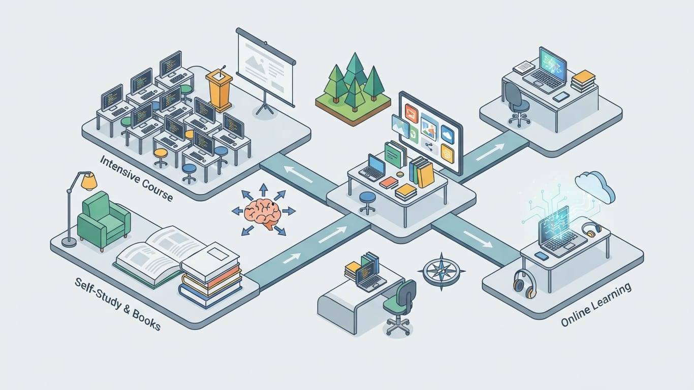 Isometric illustration of various web development learning paths