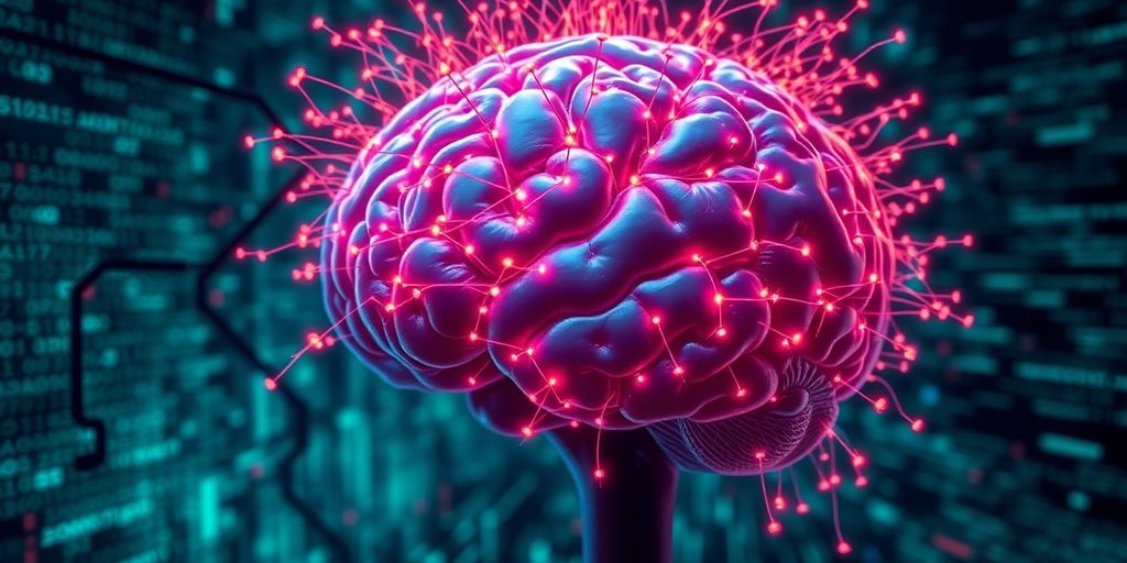 Digital data streams. Close-up of a brain with digital data streams.