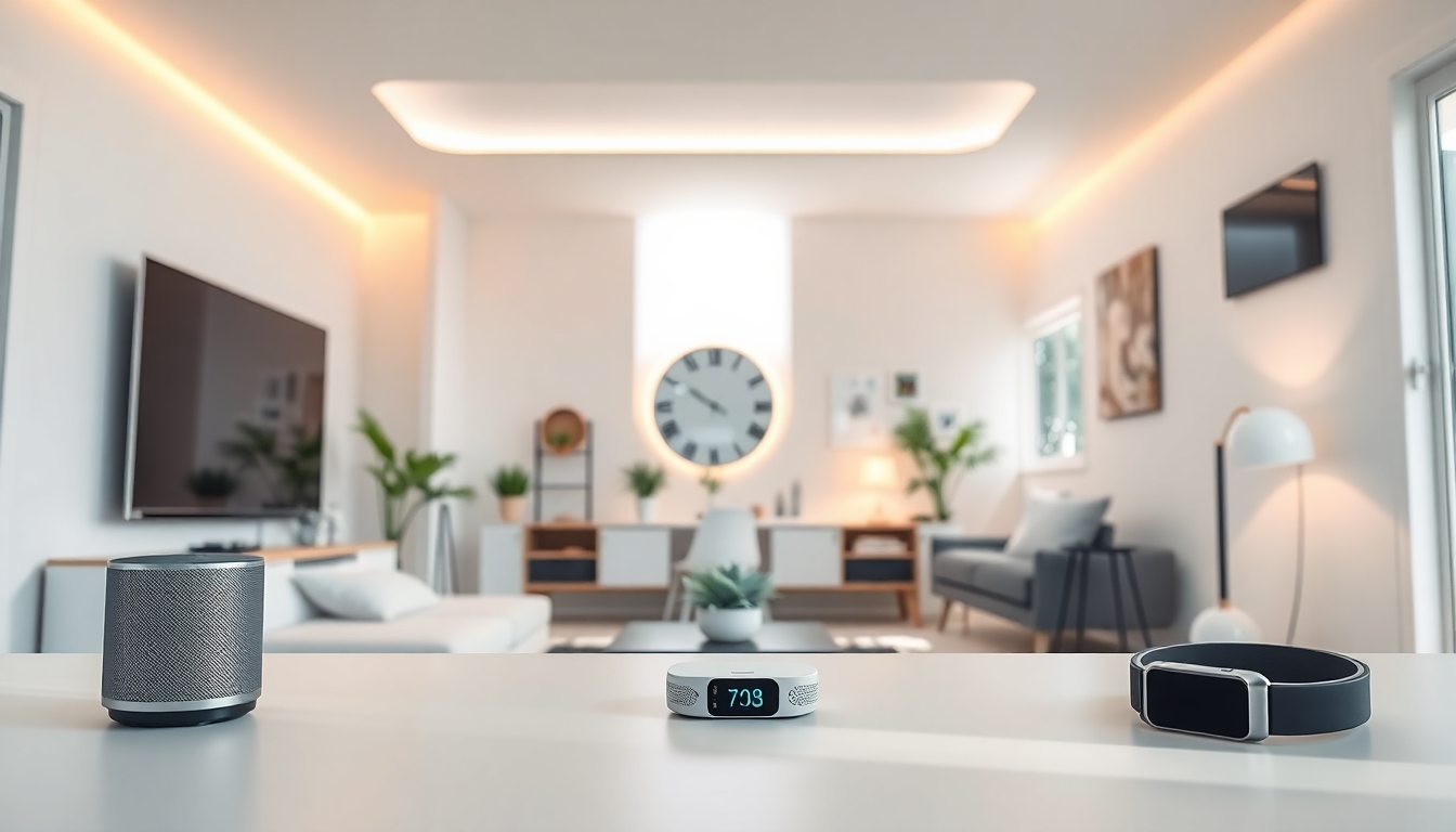Futuristic home with smart gadgets and AI integration.