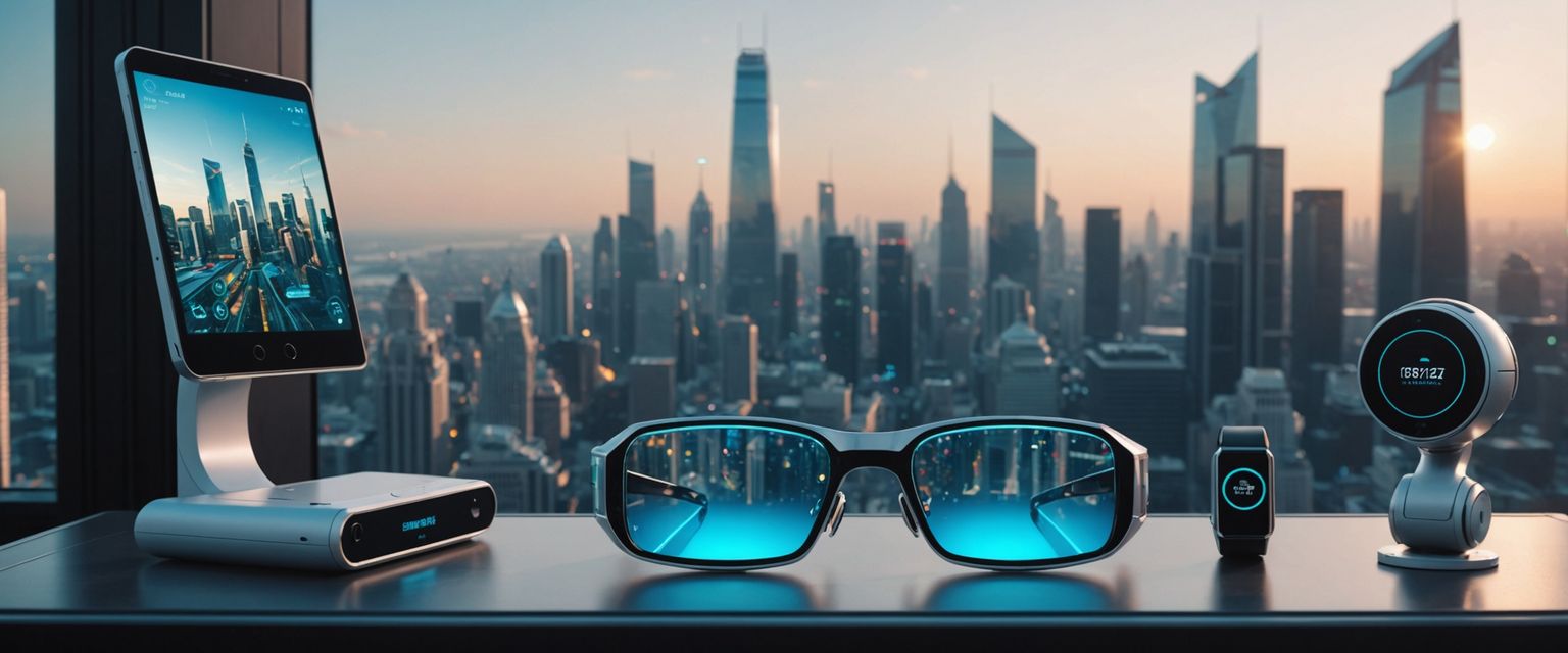 AI-powered gadgets in a futuristic cityscape