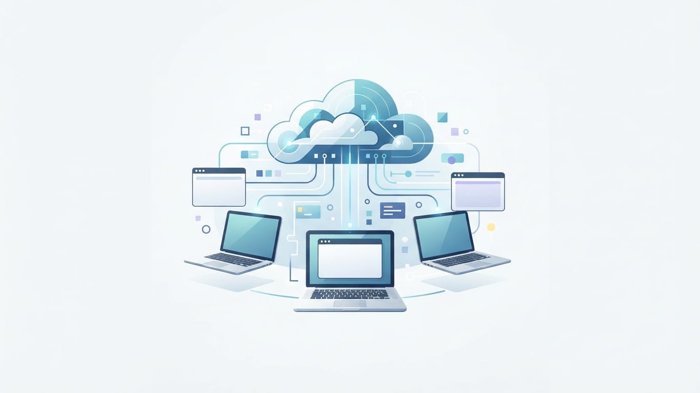 Cloud server network connected to modern laptops