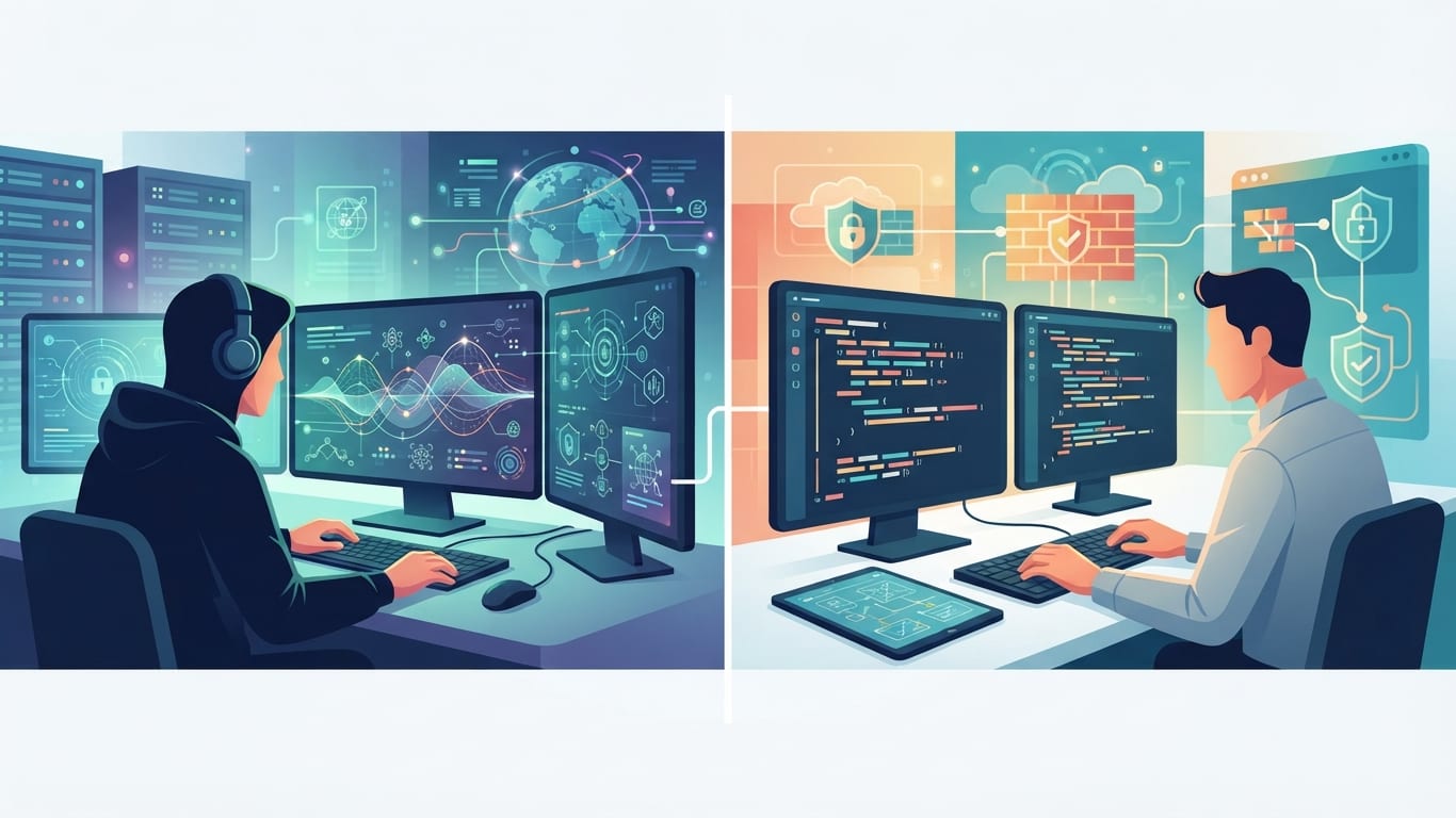 Split illustration comparing cybersecurity analyst monitoring and engineer building