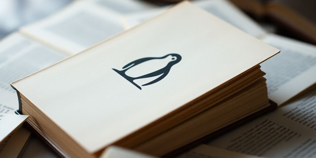 Closed book with penguin logo on blurred background.