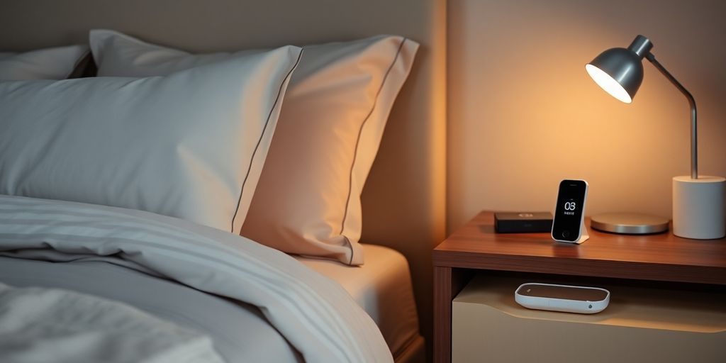 Cozy bedroom with sleep tracker and calming ambiance.