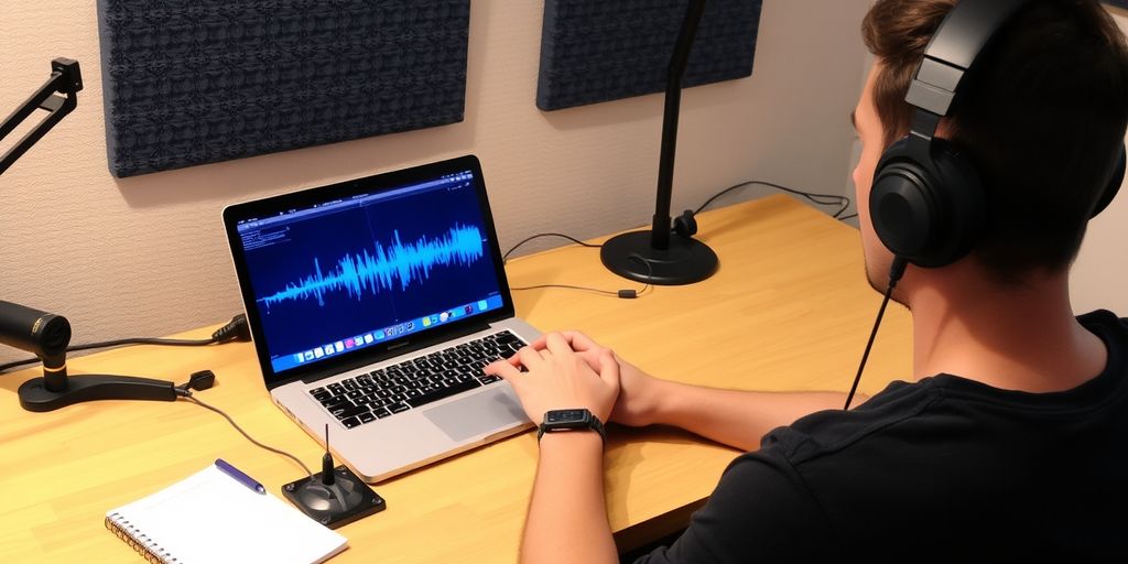 Person with headphones using laptop with waveform.