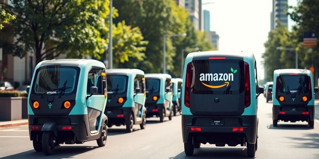 Electric delivery vehicles on a city street.