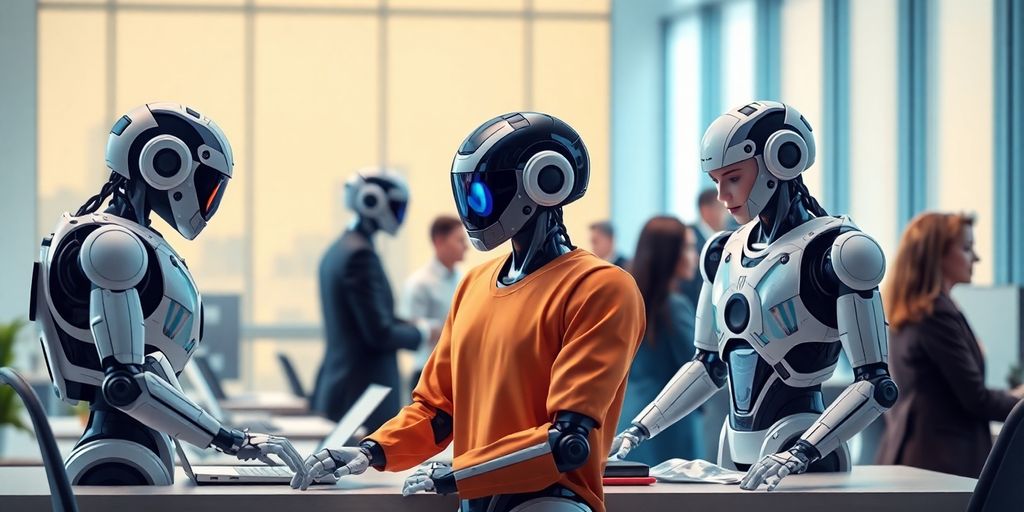 AI agents. Diverse AI agents collaborating with humans in a workspace.