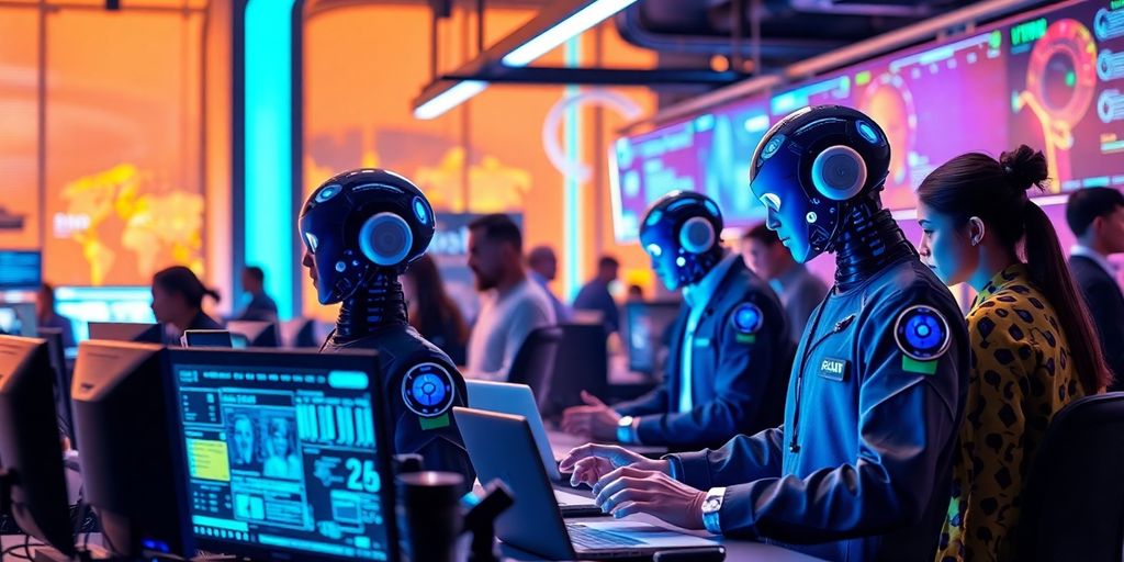 Workspace with AI agents. Futuristic workspace with AI agents and professionals collaborating.