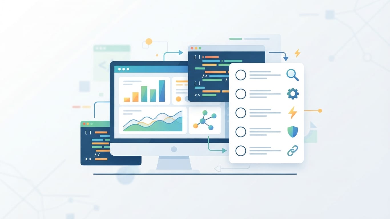 Analytics graphs and technical SEO compliance checklist