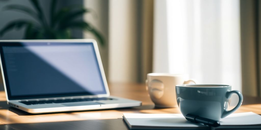 A workspace with a laptop, coffee, and notepad.
