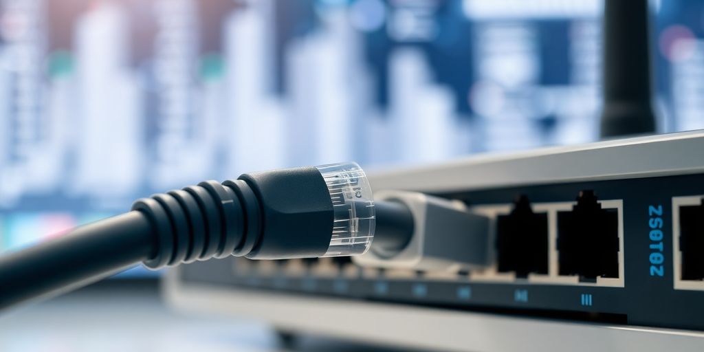 Network cable connected to a router in a digital landscape.