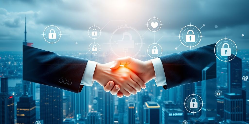 Business handshake with digital security icons.
