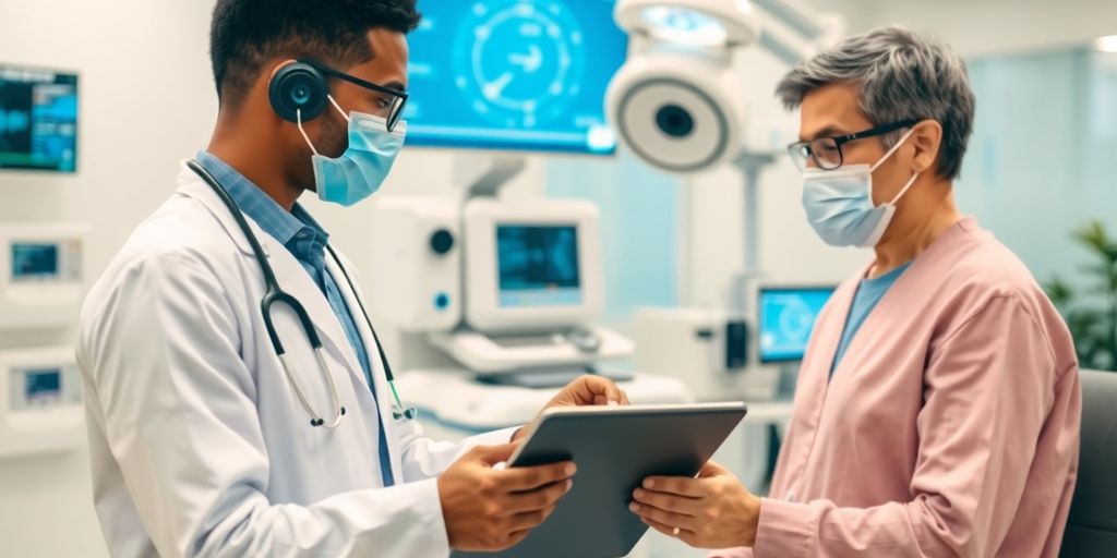 Doctor using AI technology with a patient in clinic.