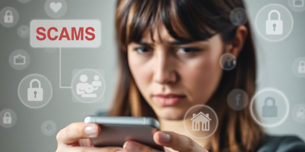 Person worried about online scams using a smartphone.