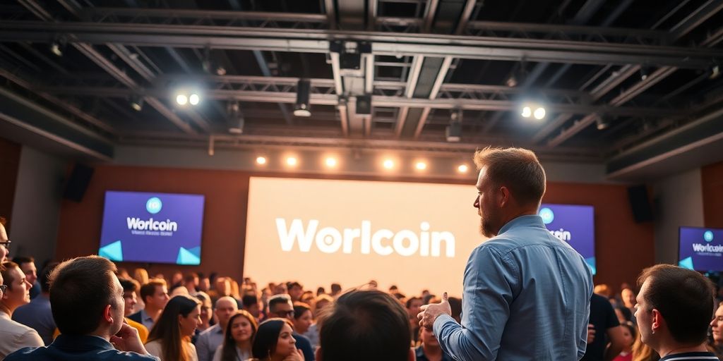 Sam Altman speaking at a global conference on Worldcoin.
