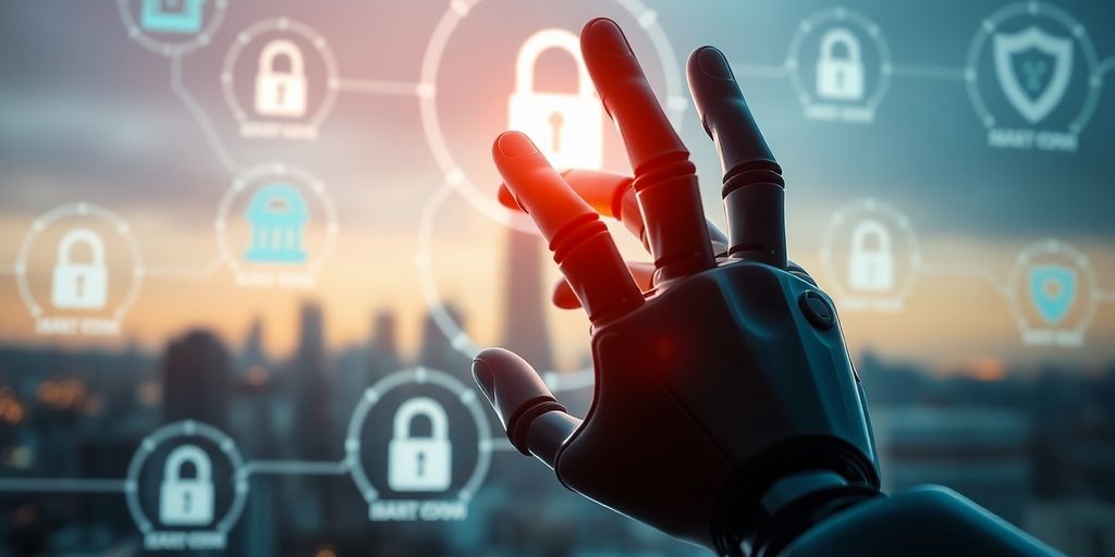 Robotic hand and computer screen with digital security icons.