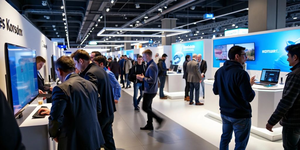 People exploring. People exploring futuristic gadgets at a tech exhibition.