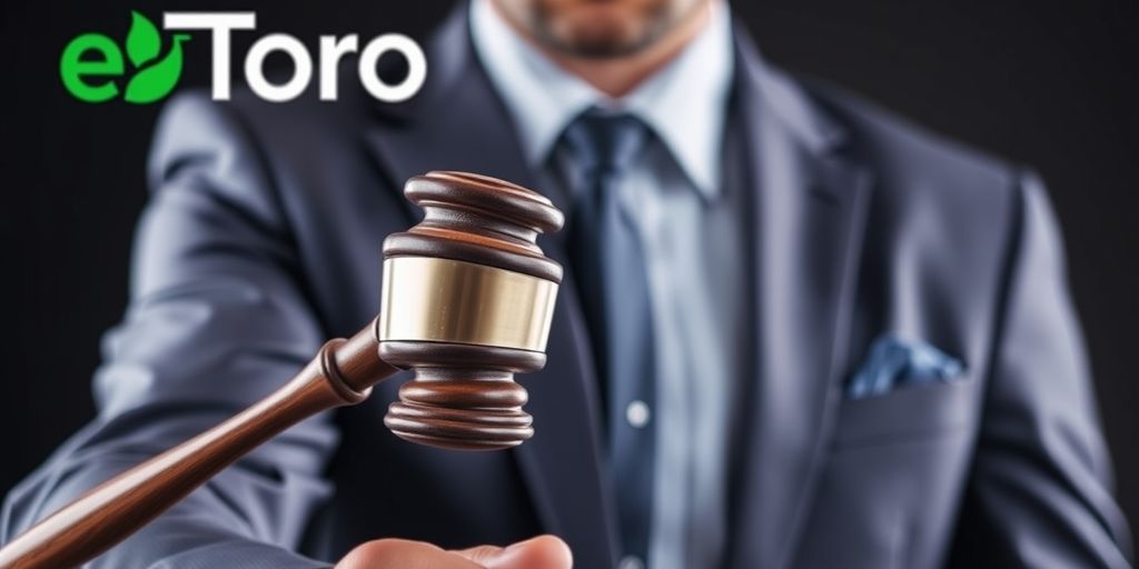 Businessperson with gavel and eToro logo