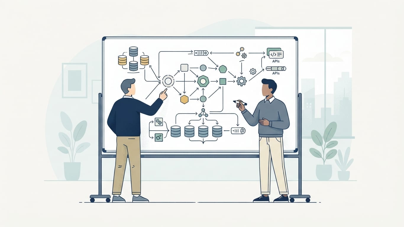 Engineers collaborating on a software architecture diagram