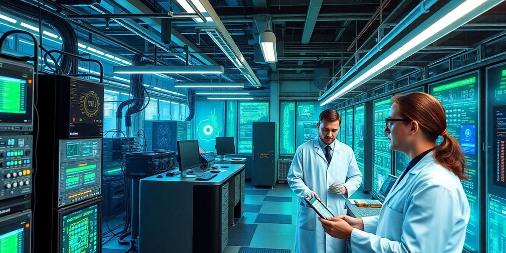 Futuristic lab with quantum computers and circuits. Futuristic lab with quantum computers and glowing circuits.