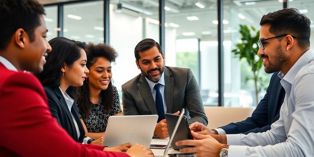 Diverse professionals discussing AI compliance in an office.