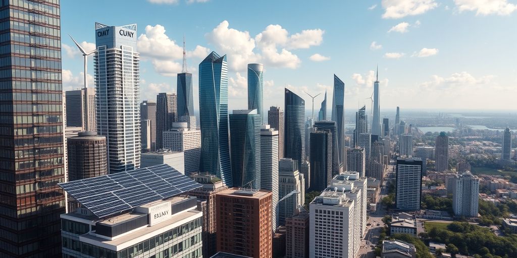 Modern city skyline with solar panels and wind turbines.