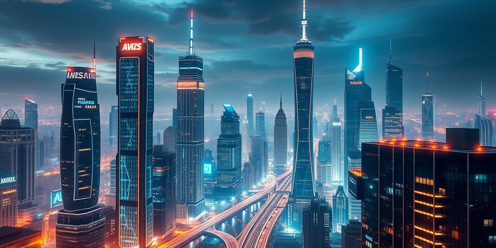 Futuristic cityscape with advanced skyscrapers and glowing lights.