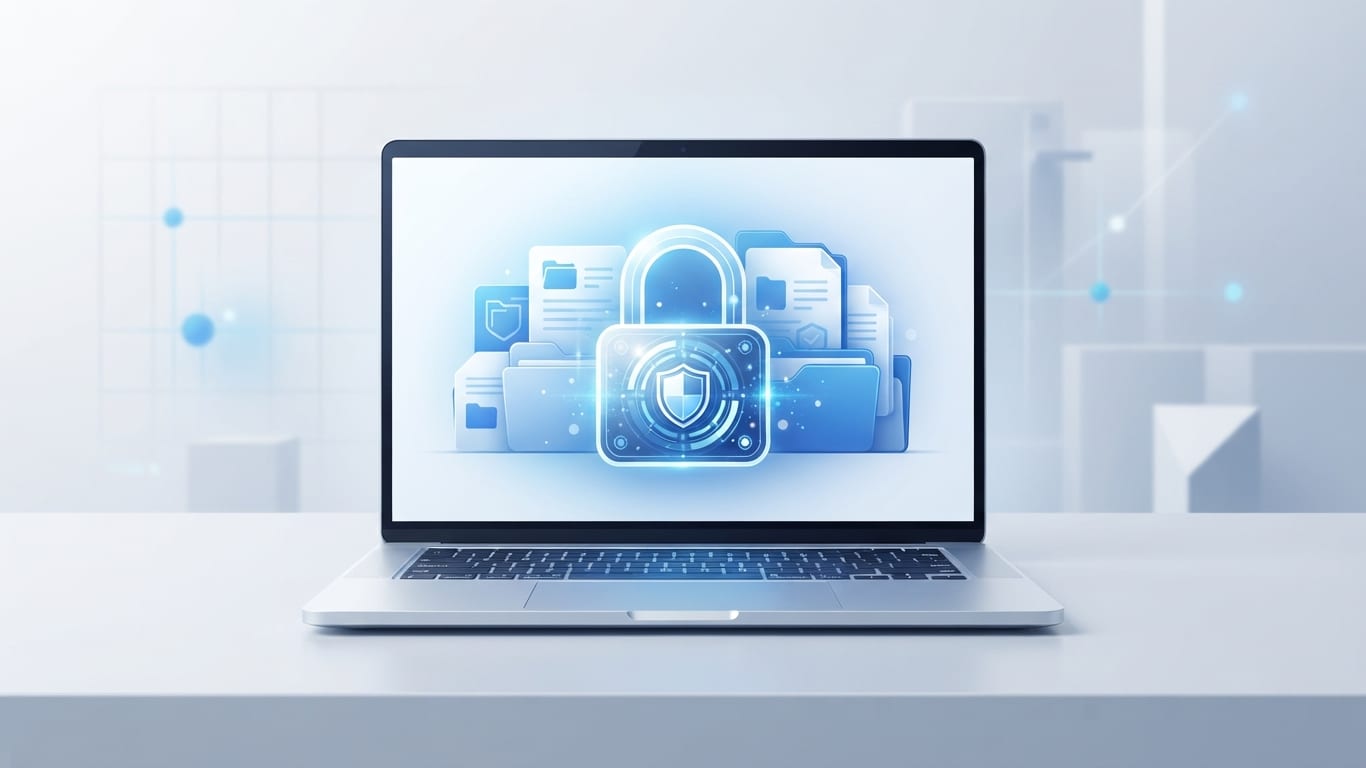Secure digital lock protecting files on a laptop screen