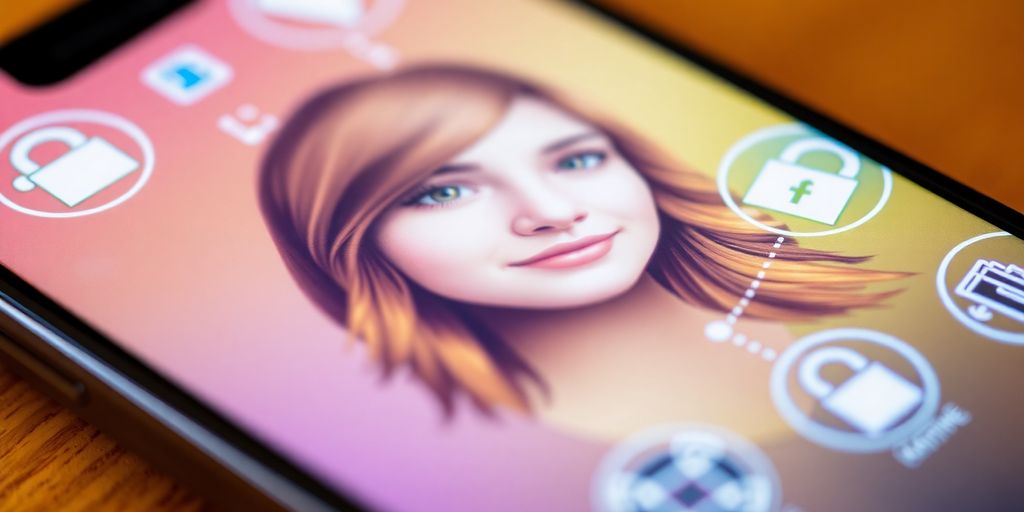 Smartphone showing a teen profile with colorful digital icons Smartphone showing a teen profile with colorful digital icons.
