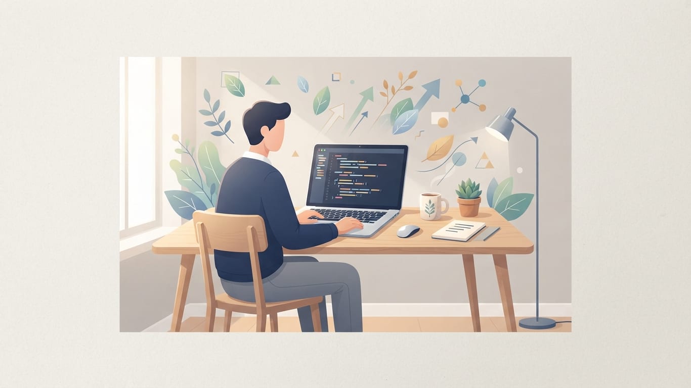 Person at a desk learning Python programming on a laptop