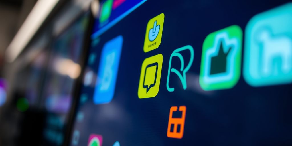 Colorful digital labels on a screen with technology background.