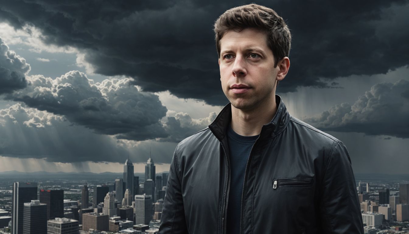 Sam Altman with AI and dark clouds. Sam Altman with AI and dark clouds