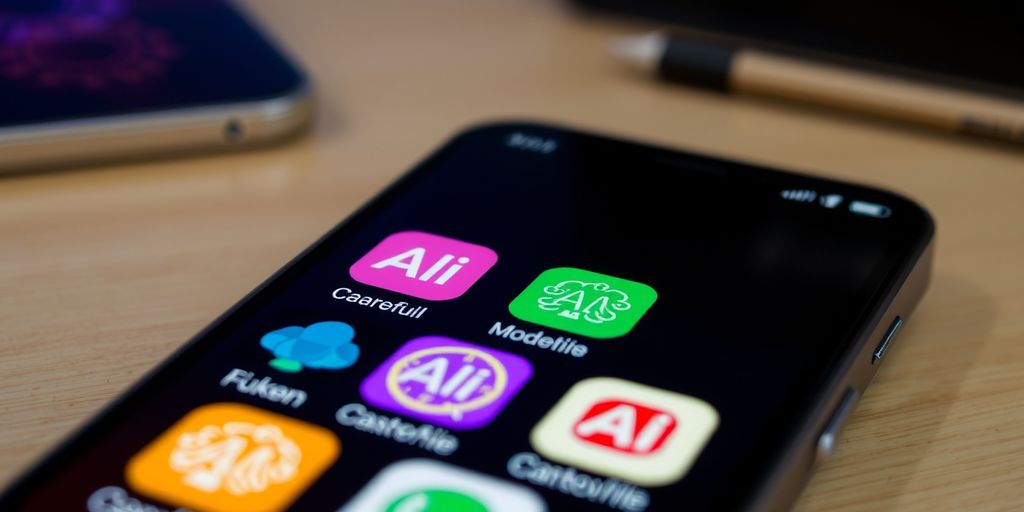 Smartphone with colorful AI labels on app icons.