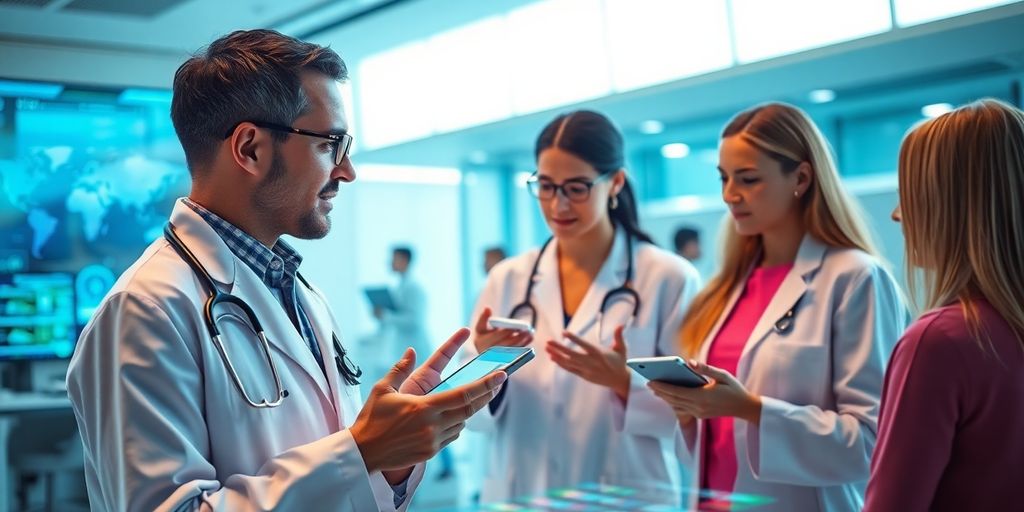 Doctors using AI tools in a modern healthcare setting.