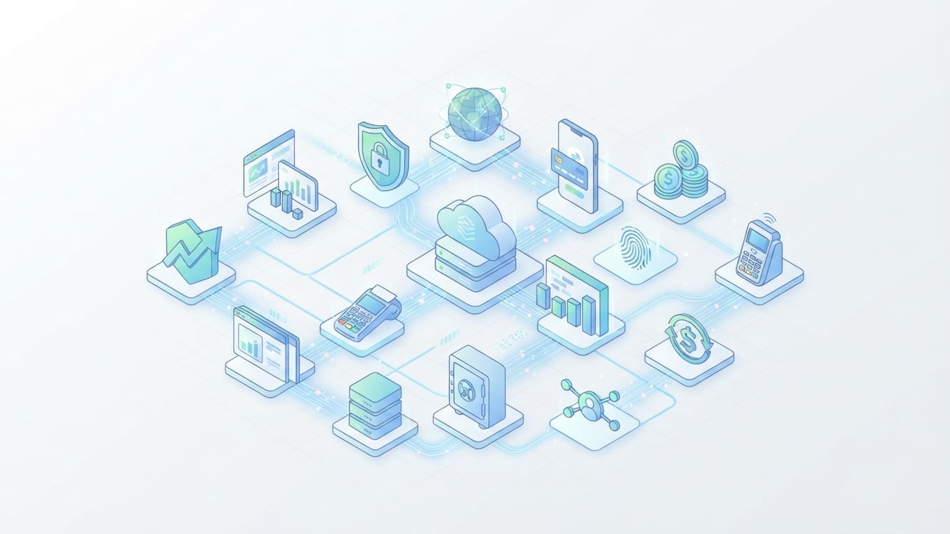 Isometric vector illustration of interconnected financial technology icons