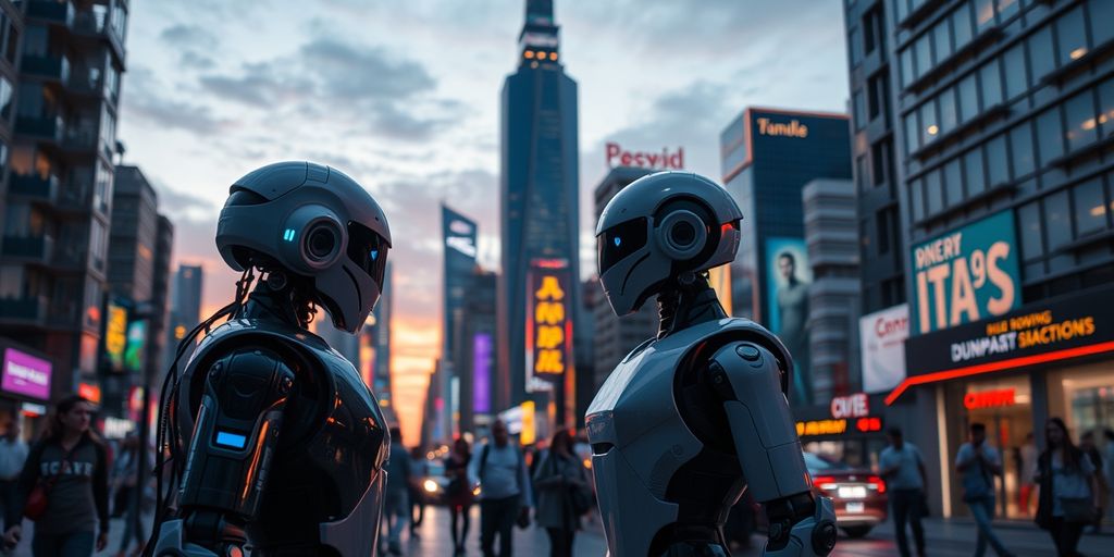 Humanoid robots in a futuristic city