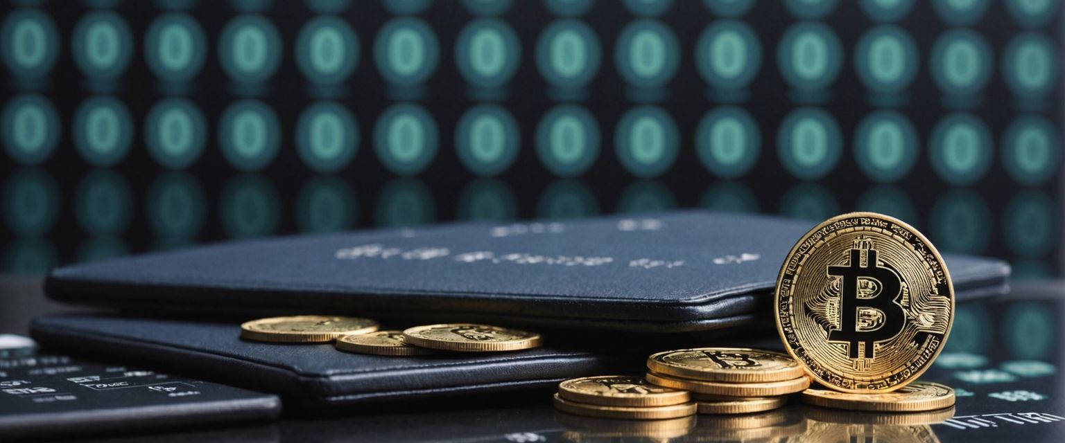 Digital wallet with coins and binary code