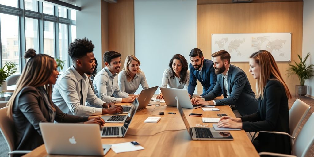 Diverse professionals collaborating in a modern office setting.